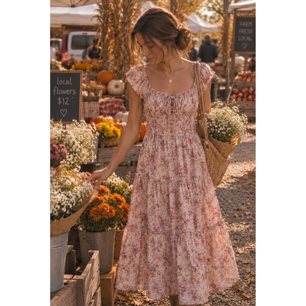 Sim & Sam Pink Floral Cotton Smocked Tiered Midi Dress Cottagecore Medium